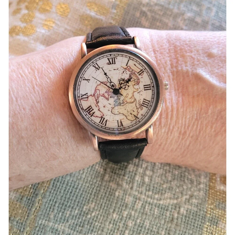 Vintage World Map Watch, Unisex, Black Leather Strap